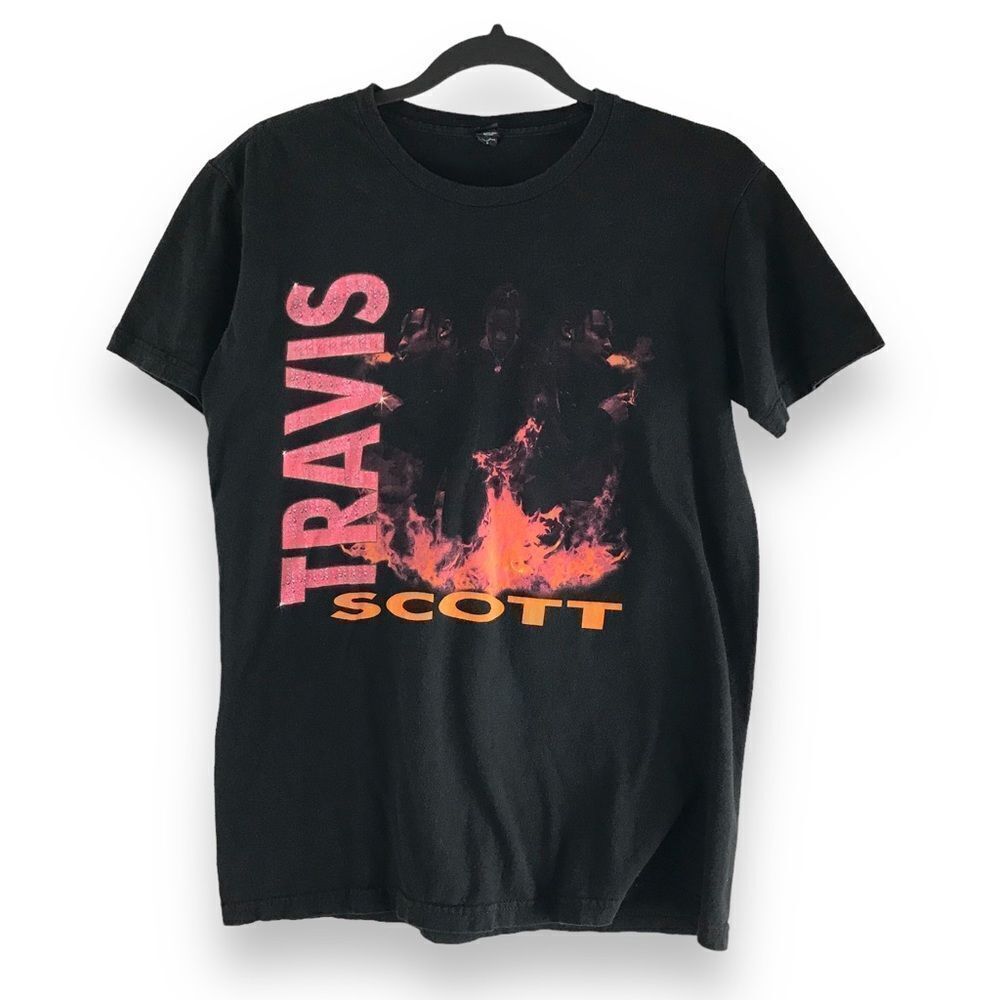 Travis Scott Small Bay Island Double Sided Fire Flame Graphic Rap Artist T-Shirt